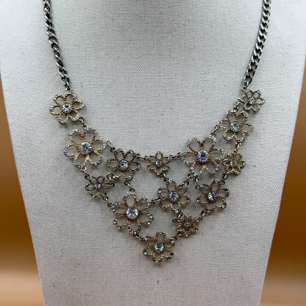 Floral Rhinestone Bib Necklace Gold & Silver Tone Statement Coquette Wedding